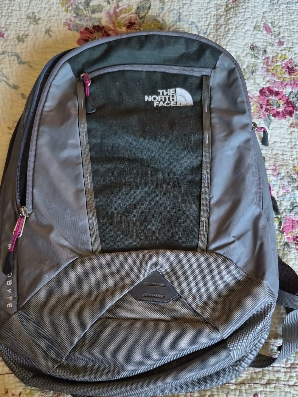 The North Face Gray and Black Backpack with Purple Accents